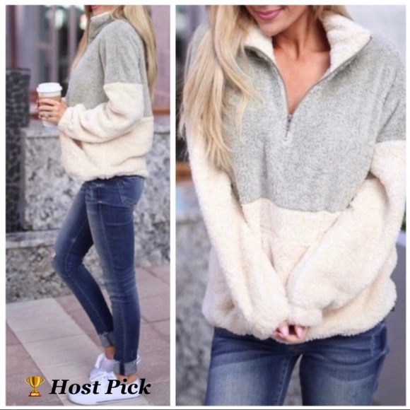 Fuzzy Half-Zip Gray/Cream Fleece Pullover Top Size Small - Picture 5 of 5